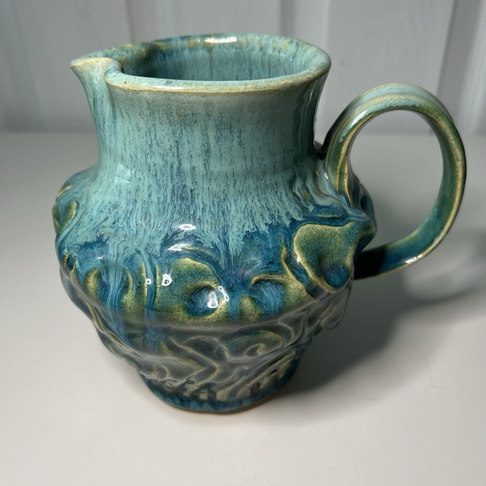 German Fat Lava Blue/Green Pottery Glazed Stoneware Jug Pitcher Artist‎ Signed
